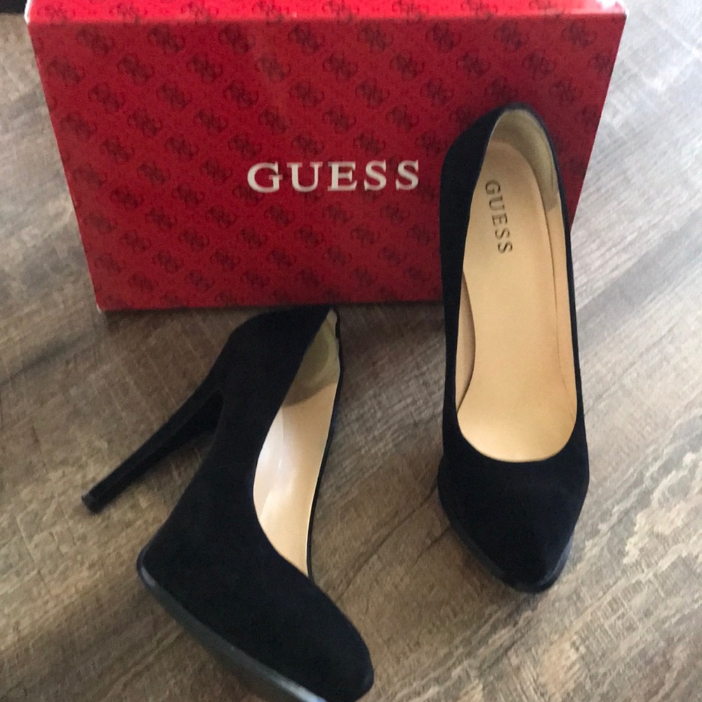 Guess black suede platform heels